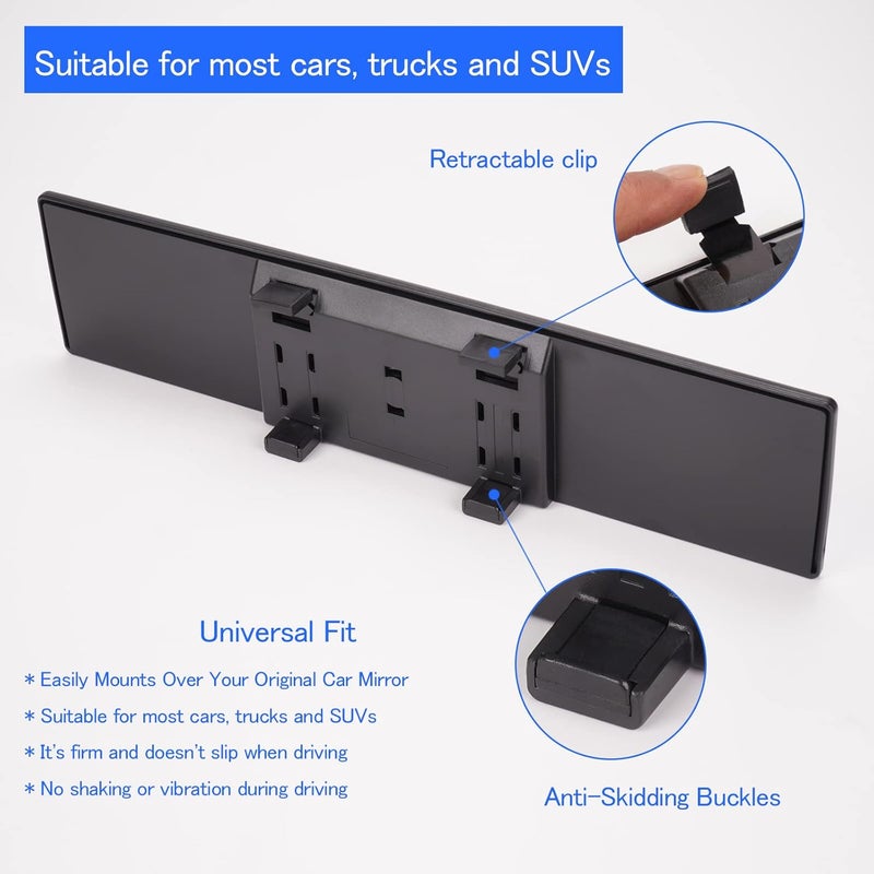 NINGFIST Broadway Car Rear View Mirror HD Anti Glare Universal 12 Inch large Field of View Panoramic Rearview Mirror with Wide Angle Blue Tint for Car SUV and Truck - Image 4